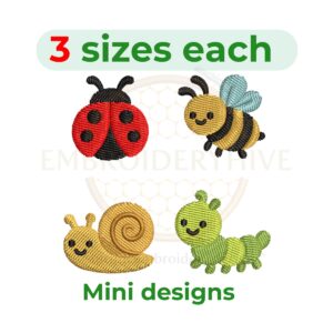 Insects mini embroidery design set, bee caterpillar ladybug snail embroidery designs, small insect embroidery patterns 1 to 2 inch, mini machine embroidery insect files instant download.