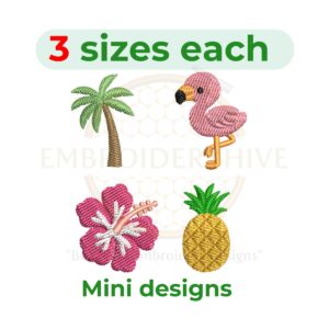 Mini tropical embroidery design set with flamingo, palm tree, hibiscus flower and pineapple, small machine embroidery files 1 to 2 inch instant download.
