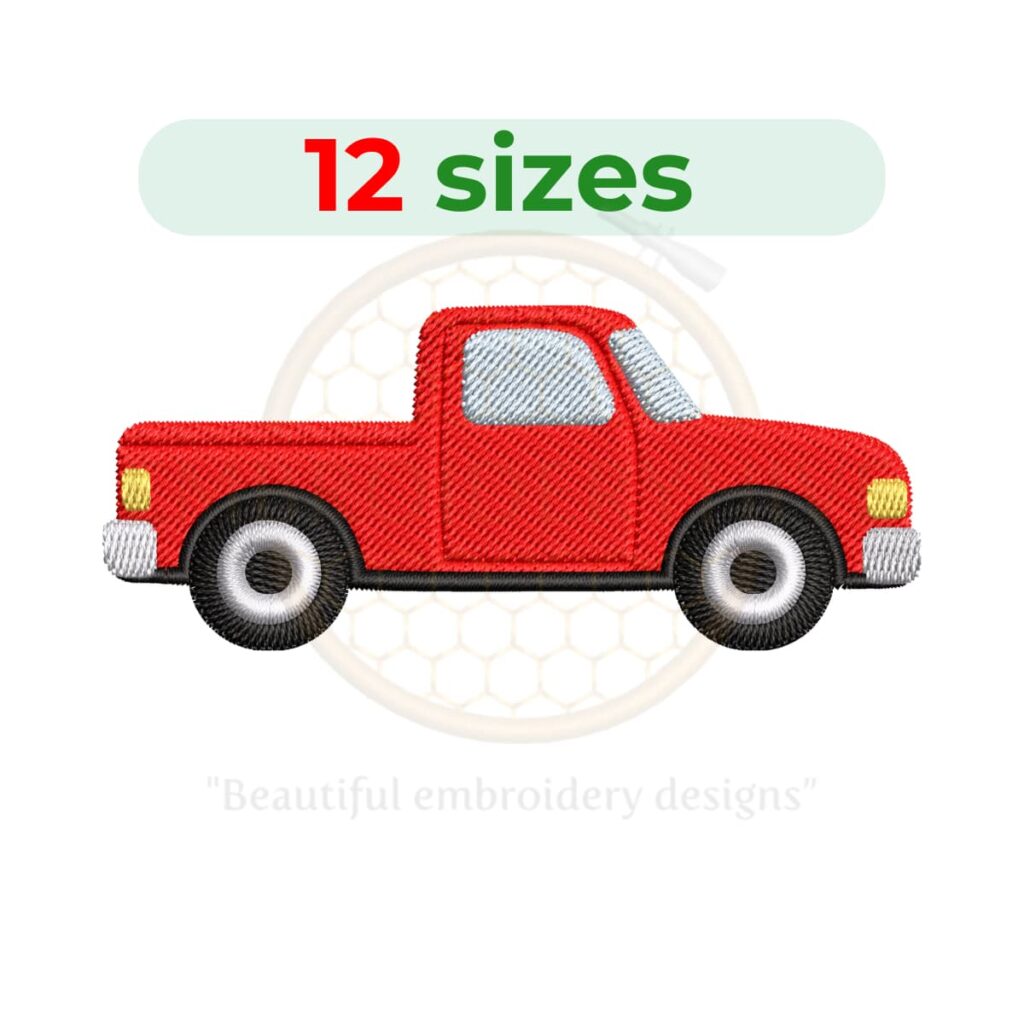 Pickup truck embroidery design for machine embroidery, classic truck embroidery file 2 to 7.5 inch sizes instant download vehicle pattern.