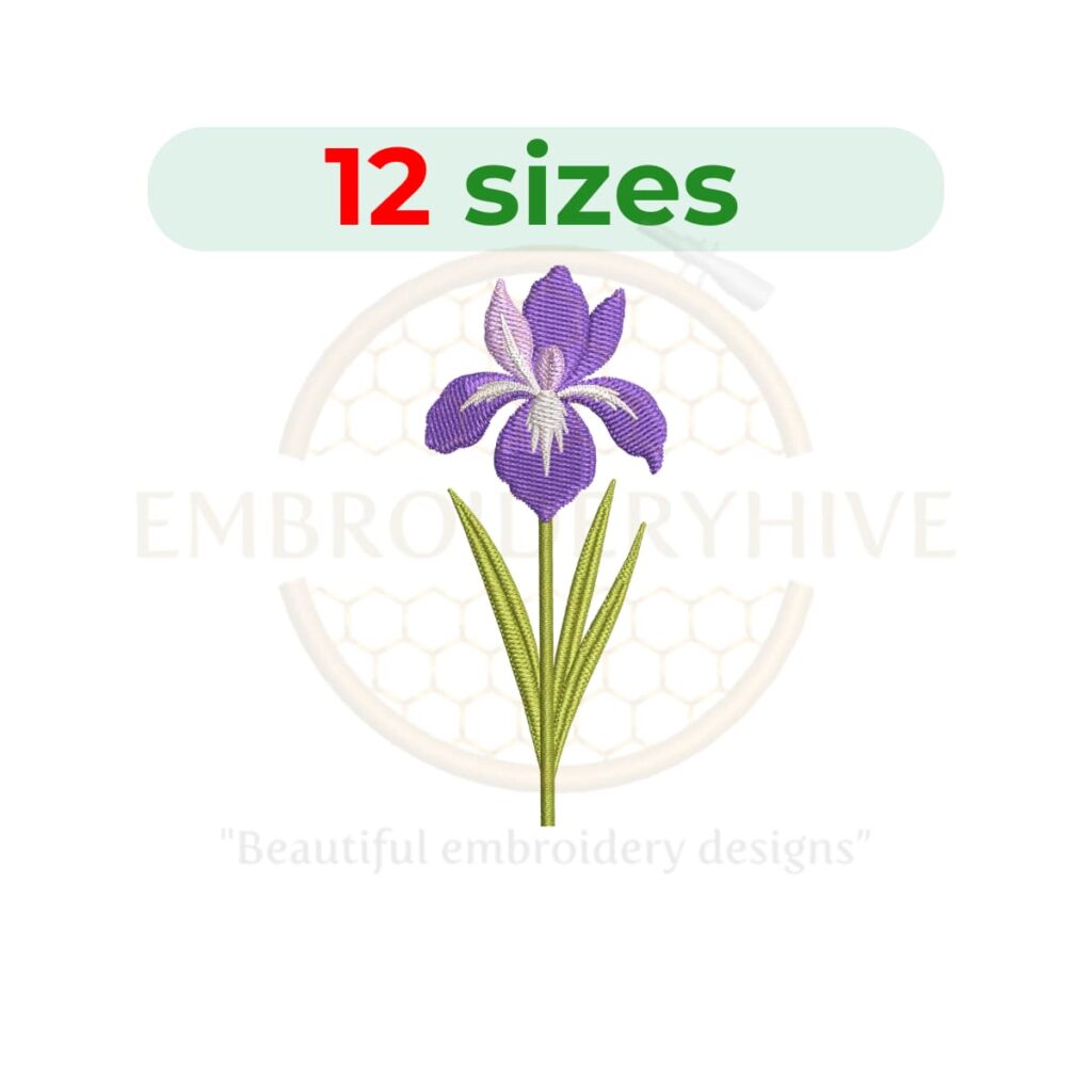 Purple iris embroidery design for machine embroidery, floral iris flower embroidery file 2 to 7.5 inch sizes instant download pattern.