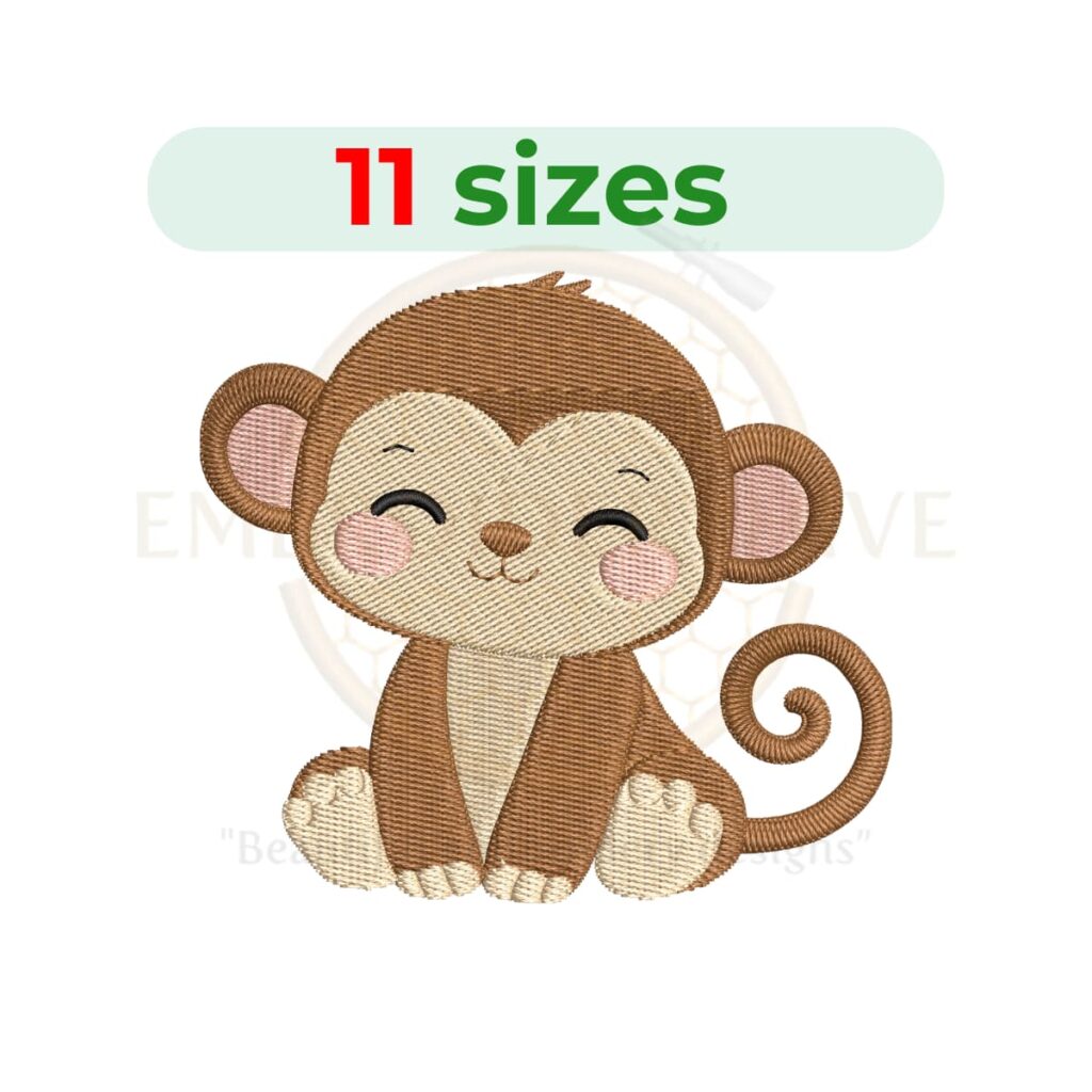 Sitting baby monkey embroidery design for machine embroidery, cute jungle monkey embroidery file 2.5 to 7.5 inch sizes instant download.