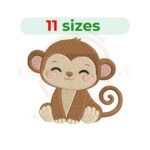 Sitting baby monkey embroidery design for machine embroidery, cute jungle monkey embroidery file 2.5 to 7.5 inch sizes instant download.