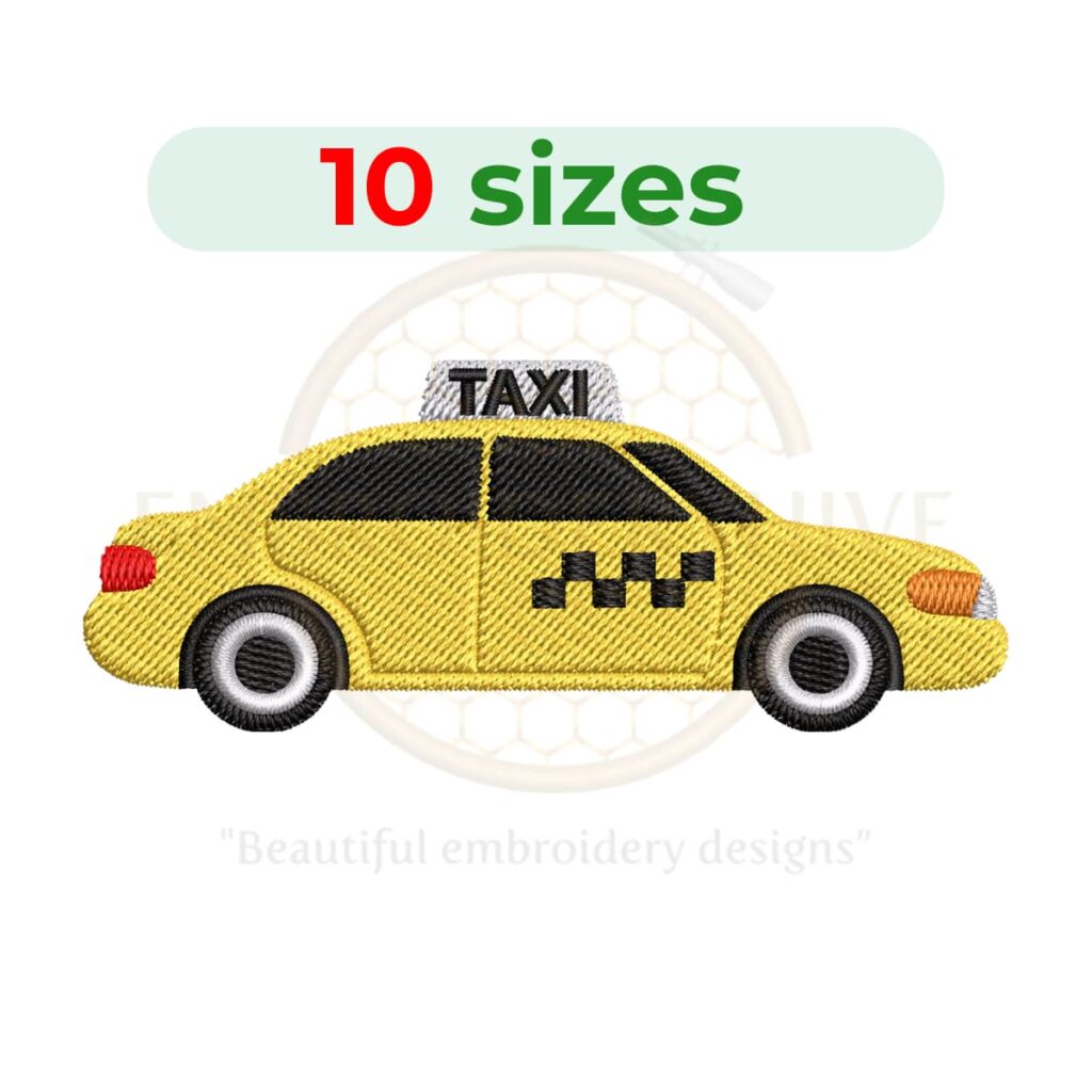Taxi embroidery design for machine embroidery, city cab car embroidery file 3 to 7.5 inch sizes instant download vehicle pattern.