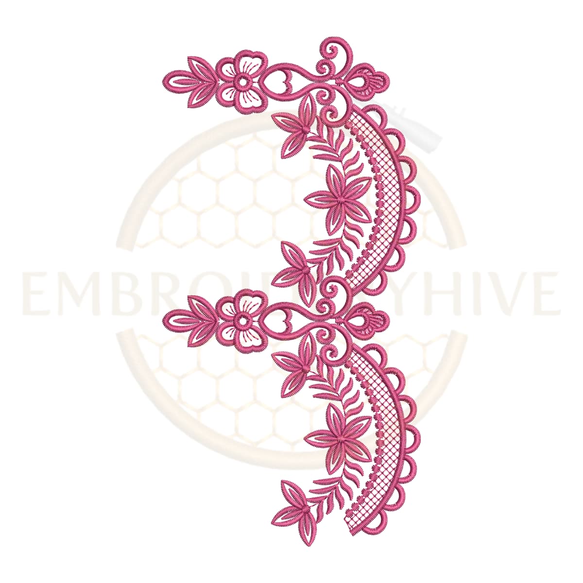 Floral pink heavy lace embroidery design, bold floral border machine embroidery file, decorative lace for tablecloth dress and home decor.