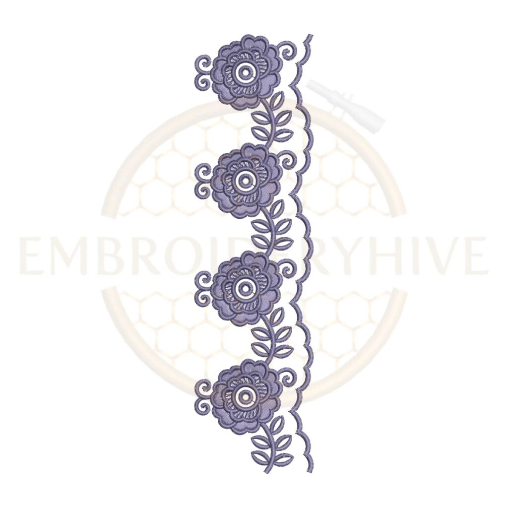 Purple floral scallop vine embroidery design, decorative floral border machine embroidery file, elegant lace border for tablecloth dress and home decor.