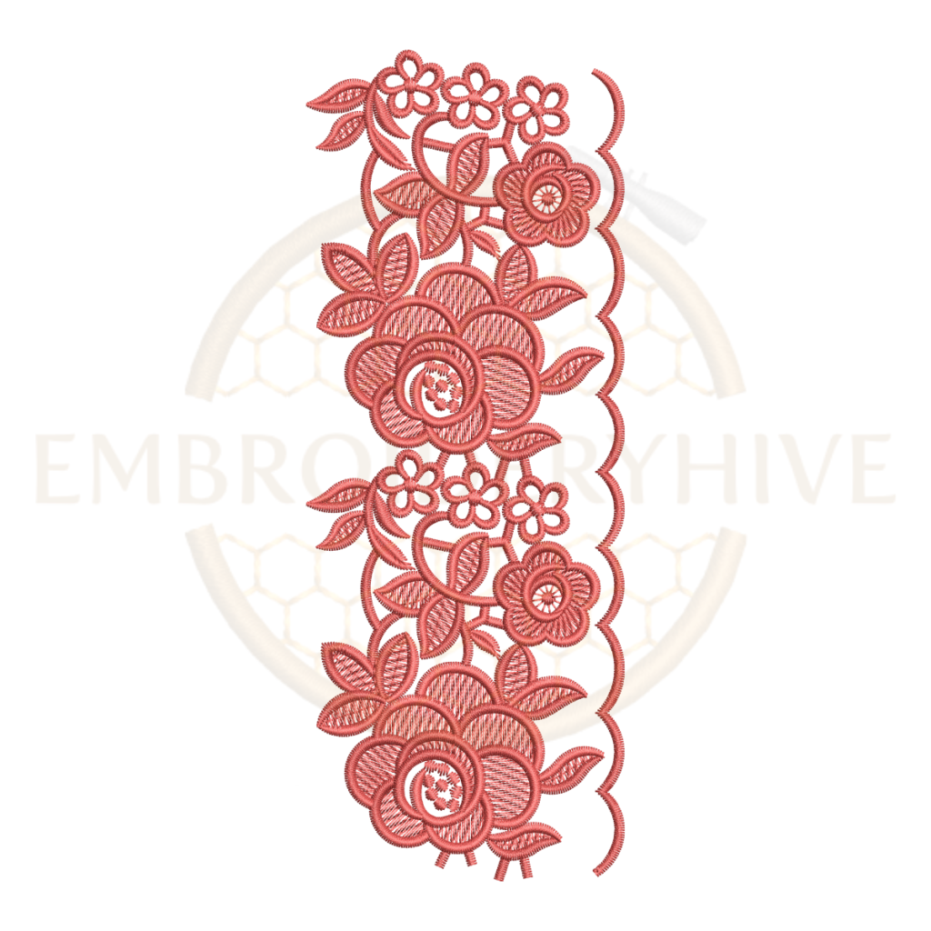 Vintage rose floral scalloped lace border embroidery design for machine embroidery, elegant rose lace edge embroidery pattern instant download.