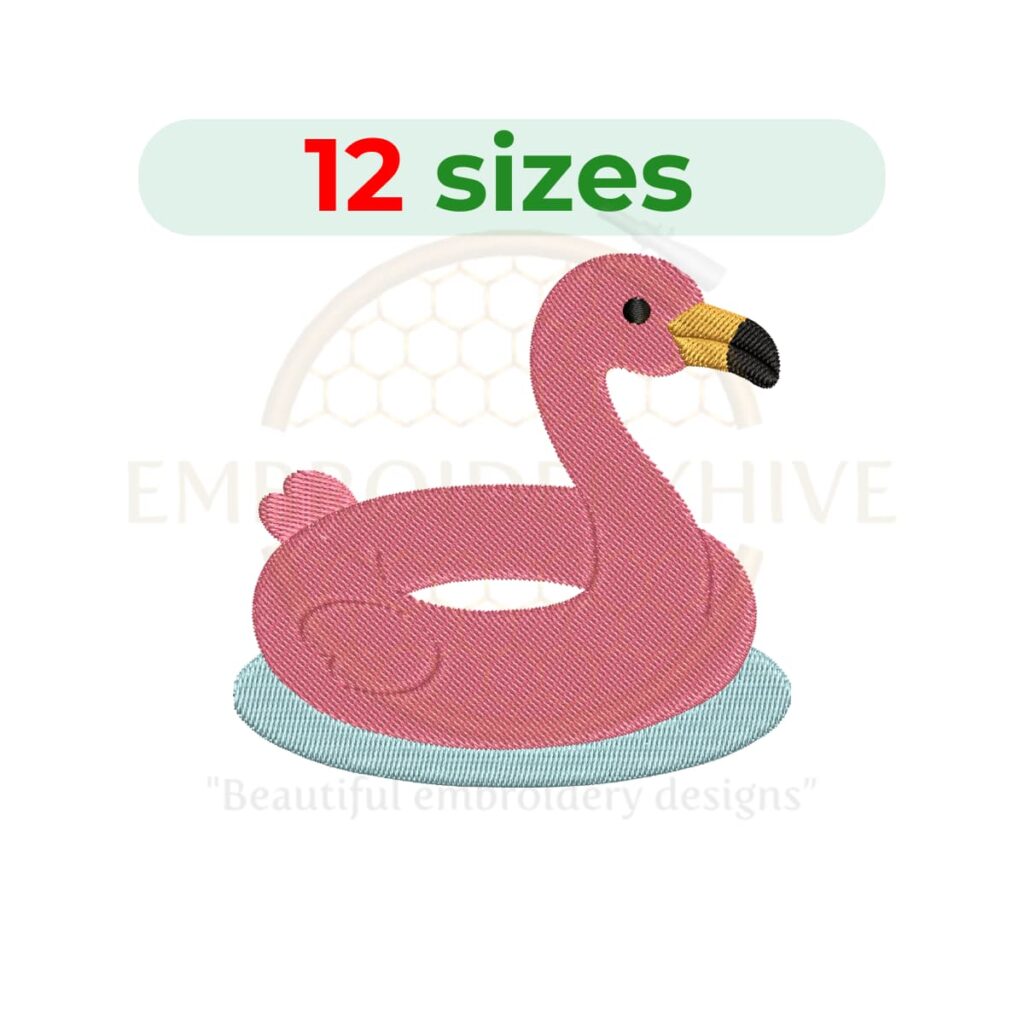 Flamingo water ring embroidery design for machine embroidery, tropical flamingo pool float embroidery file 2 to 7.5 inch sizes instant download.