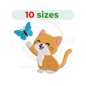 Kitten with butterfly embroidery design, cute cat and butterfly machine embroidery design 3 to 7.5 inch instant download