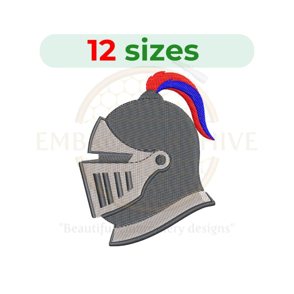 Knight helmet embroidery design for machine embroidery, medieval armor helmet embroidery file 2 to 7.5 inch sizes instant download pattern.