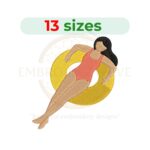 lady swimming ring embroidery design, pool float summer machine embroidery design 1.5 to 7.5 inch instant download