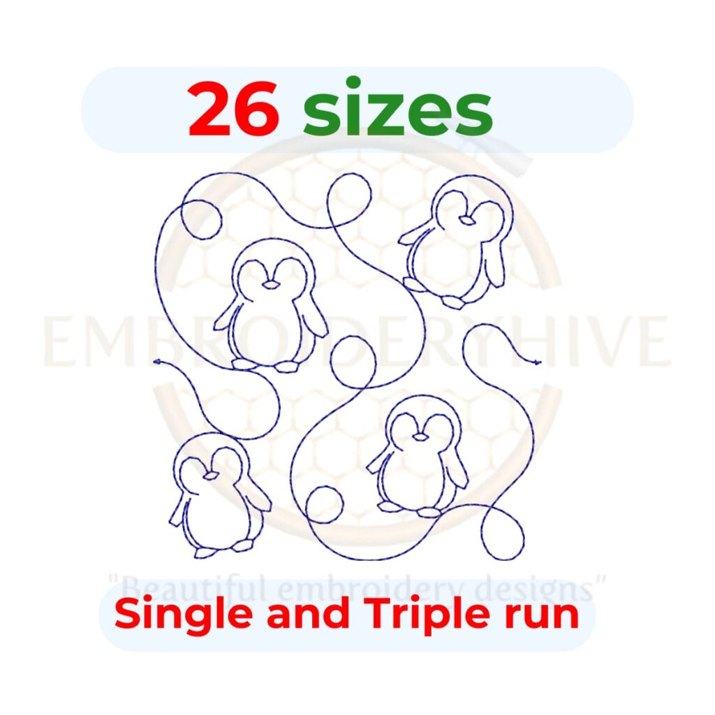 penguin edge to edge quilting embroidery design, penguin quilt block continuous line machine embroidery design instant download