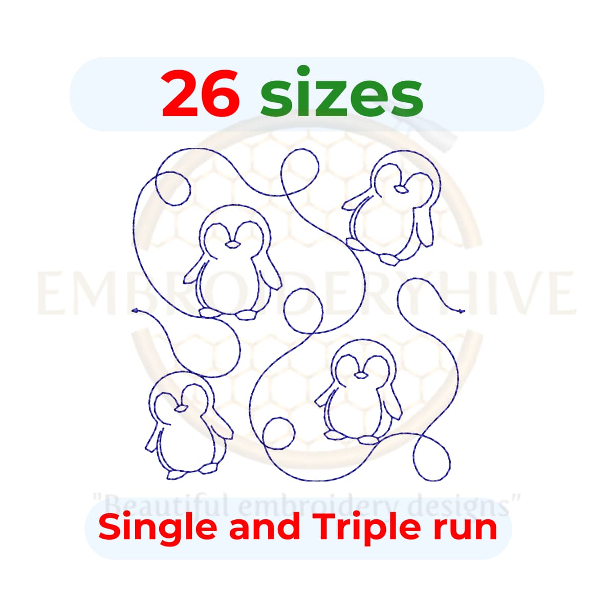 penguin edge to edge quilting embroidery design, penguin quilt block continuous line machine embroidery design instant download