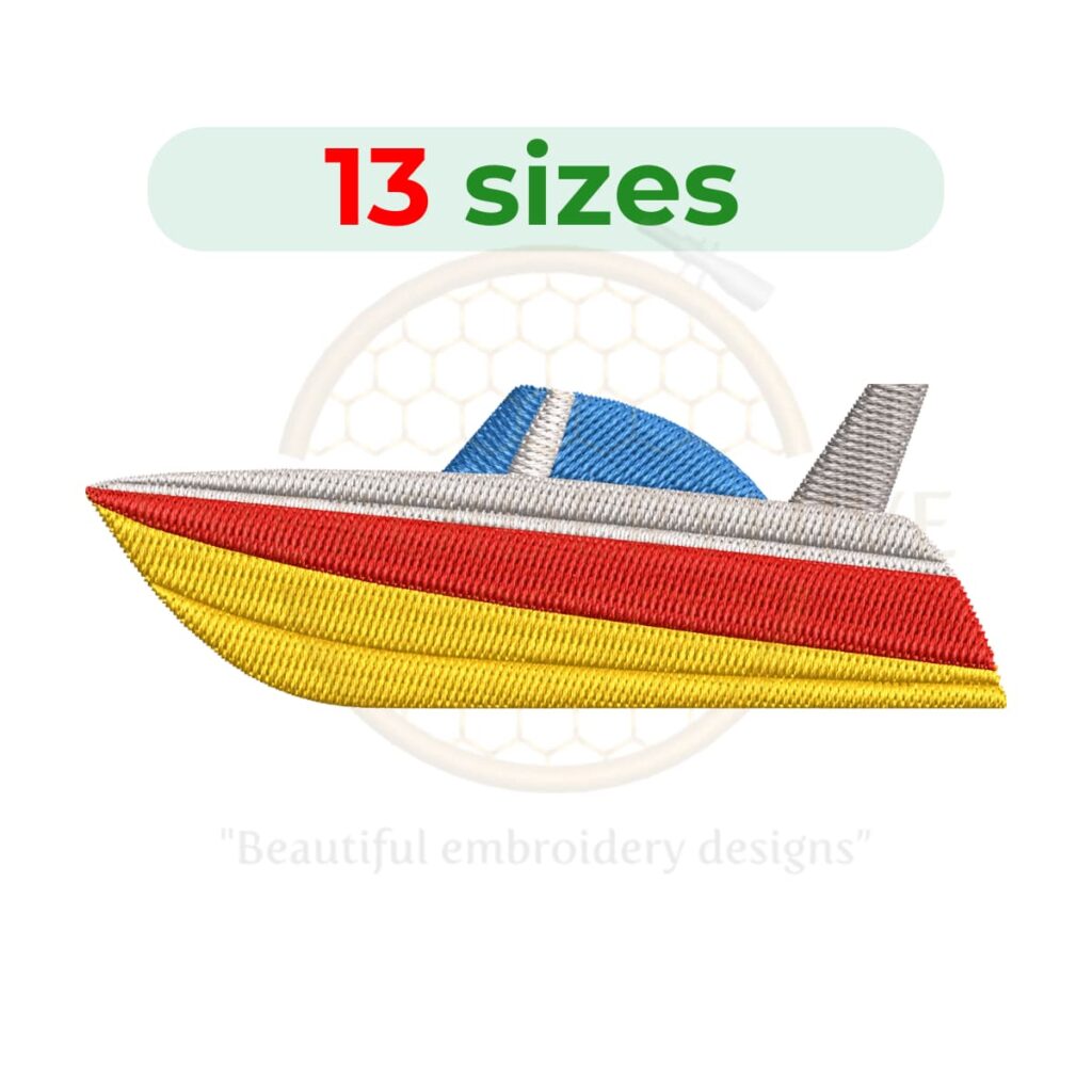 Speedboat embroidery design for machine embroidery, fast motorboat embroidery file 1.5 to 7.5 inch sizes instant download nautical pattern.