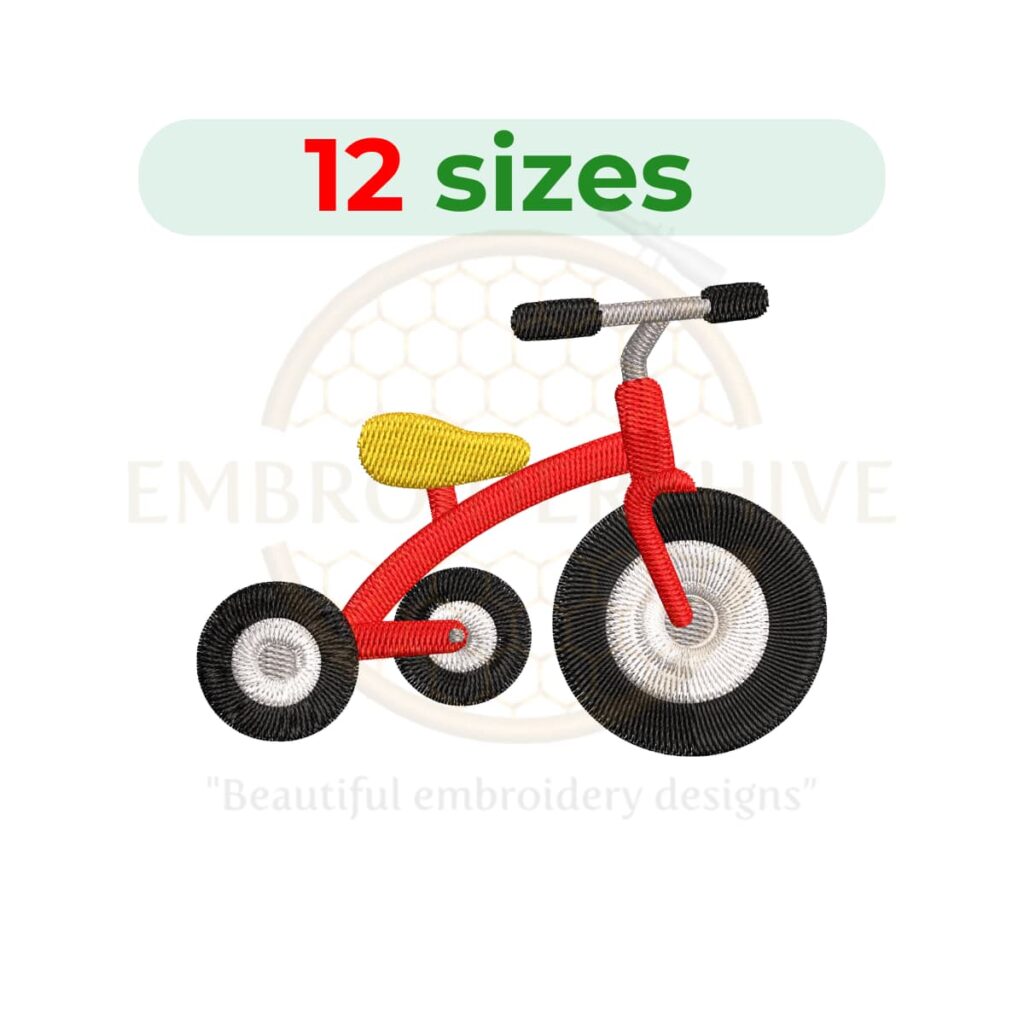 Tricycle embroidery design for machine embroidery, kids trike embroidery file 2 to 7.5 inch sizes instant download bicycle pattern.