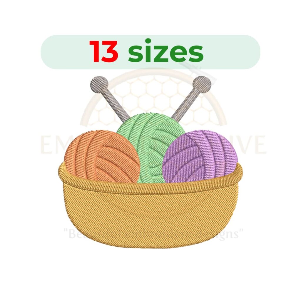 basket with knitting needles embroidery design, yarn knitting machine embroidery design 1.5 to 7.5 inch instant download