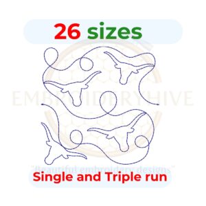 longhorn end to end quilting embroidery design, edge to edge quilt longhorn pattern 3 to 12 inch instant download
