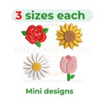 mini flower embroidery design set, tulip daisy sunflower rose embroidery designs 1 to 2 inch instant download