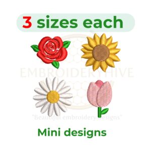mini flower embroidery design set, tulip daisy sunflower rose embroidery designs 1 to 2 inch instant download
