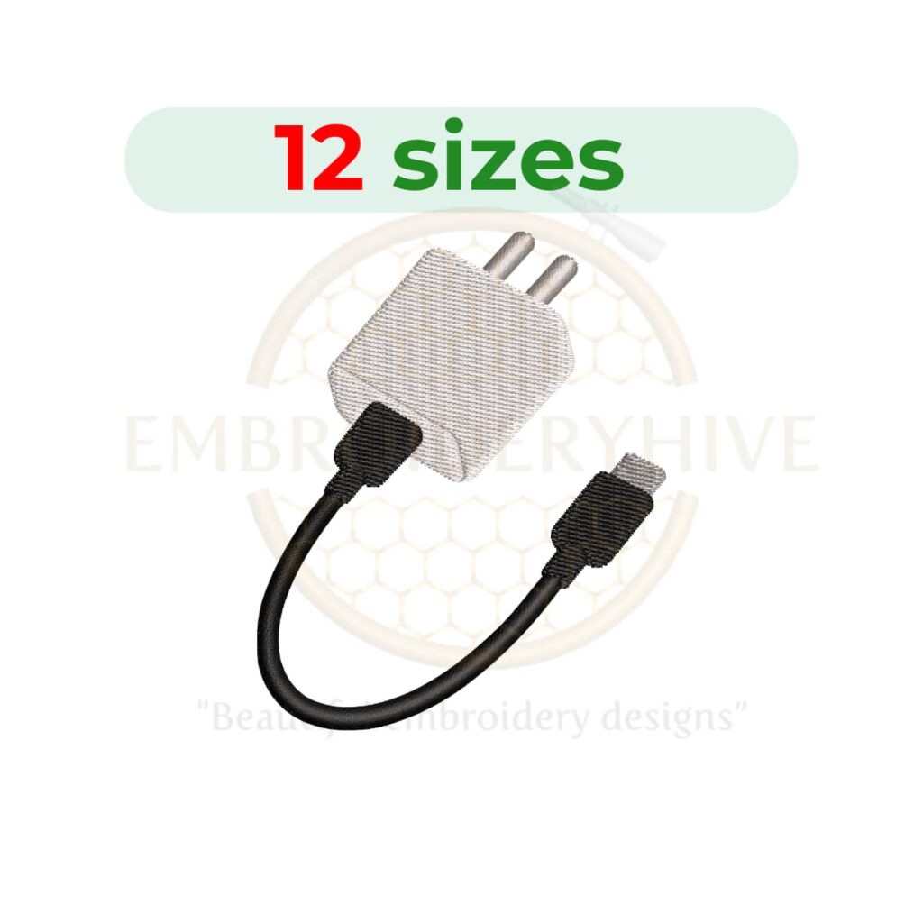 mobile charger embroidery design, phone charger machine embroidery design 2 to 7.5 inch instant download