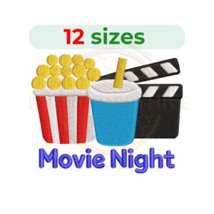 movie night embroidery design, cinema machine embroidery design 2 to 7.5 inch instant download