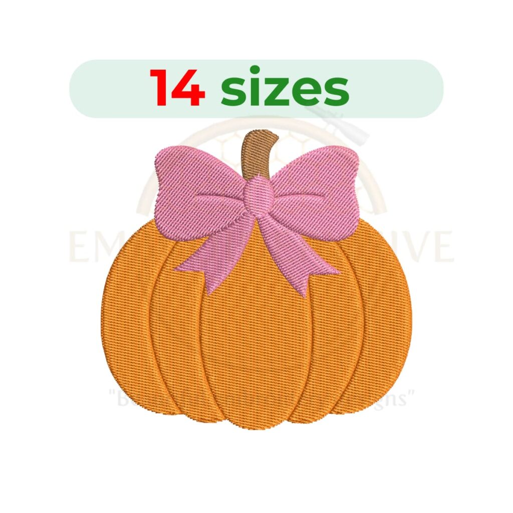 pumpkin with bow embroidery design, cute pumpkin machine embroidery design 1 to 7.5 inch instant download