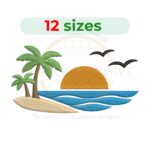 sunset beach embroidery design, tropical beach scene machine embroidery design 2 to 7.5 inch instant download