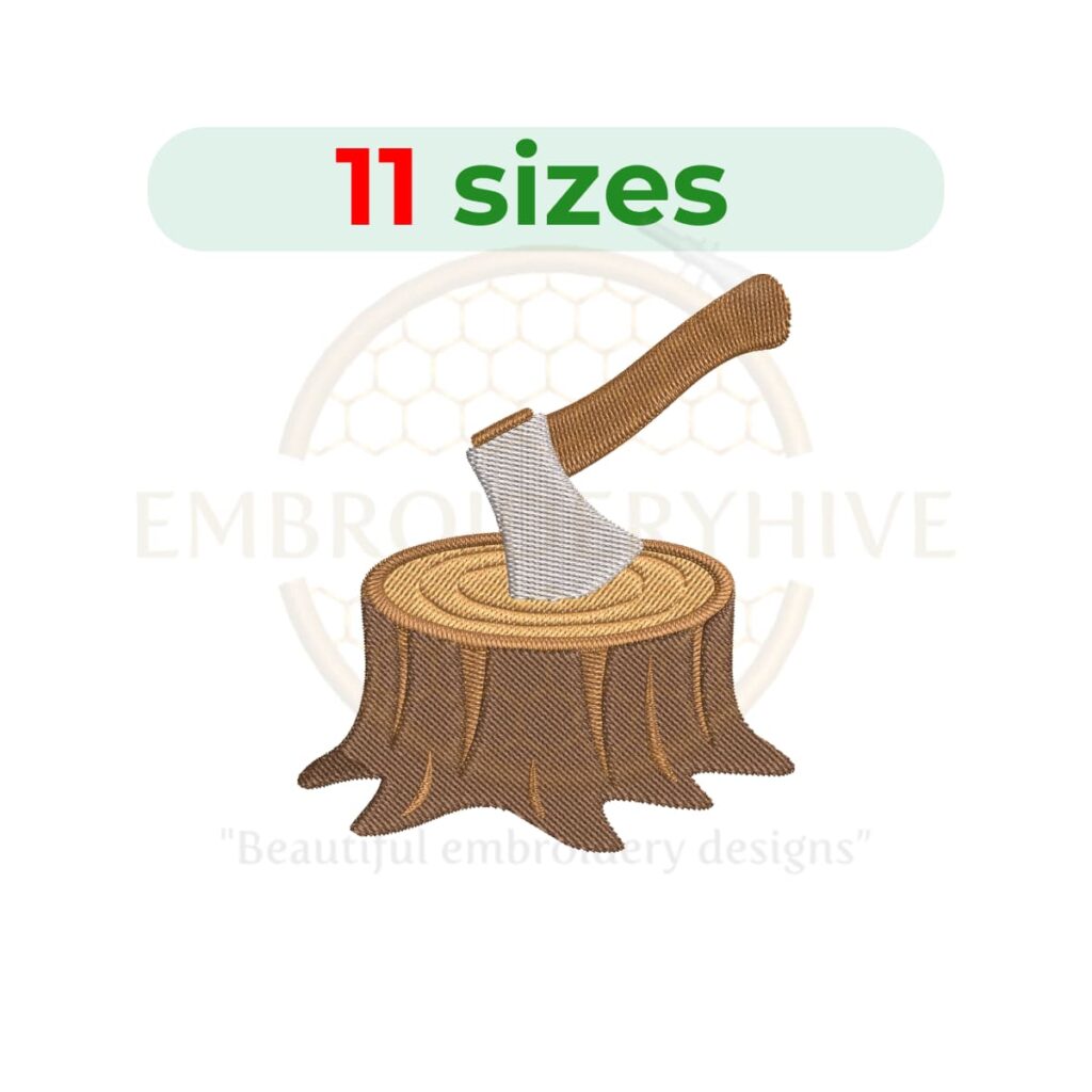 Axe on tree stump embroidery design for machine embroidery featuring a wood chopping scene with an axe embedded in a tree stump, available in multiple sizes for instant digital download.