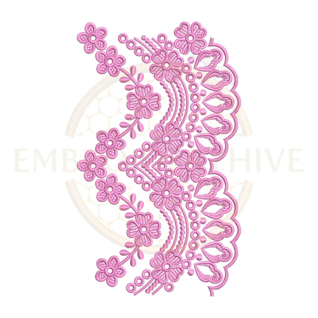 Garden Blossom Scalloped Lace border embroidery design featuring detailed floral blossoms with elegant scalloped edges for decorative embroidery projects.