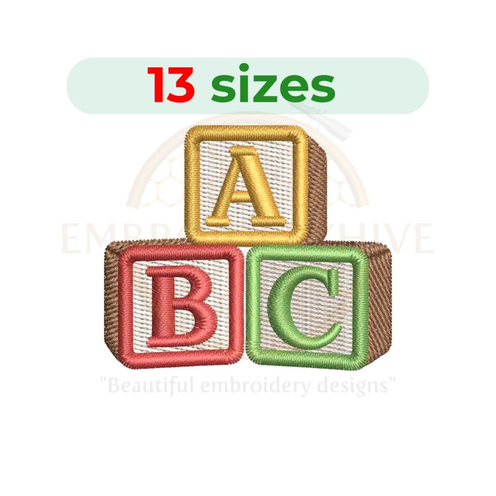 Alphabet blocks embroidery design for machine embroidery featuring classic children's letter blocks, available in multiple sizes as an instant digital download.