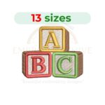 Alphabet blocks embroidery design for machine embroidery featuring classic children's letter blocks, available in multiple sizes as an instant digital download.