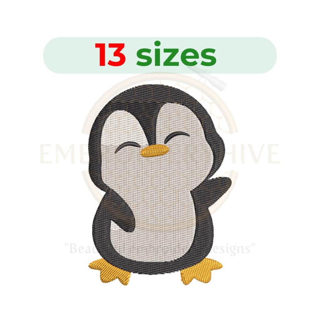 Baby penguin embroidery design for machine embroidery featuring a cute little penguin character, available in multiple sizes as an instant digital download.