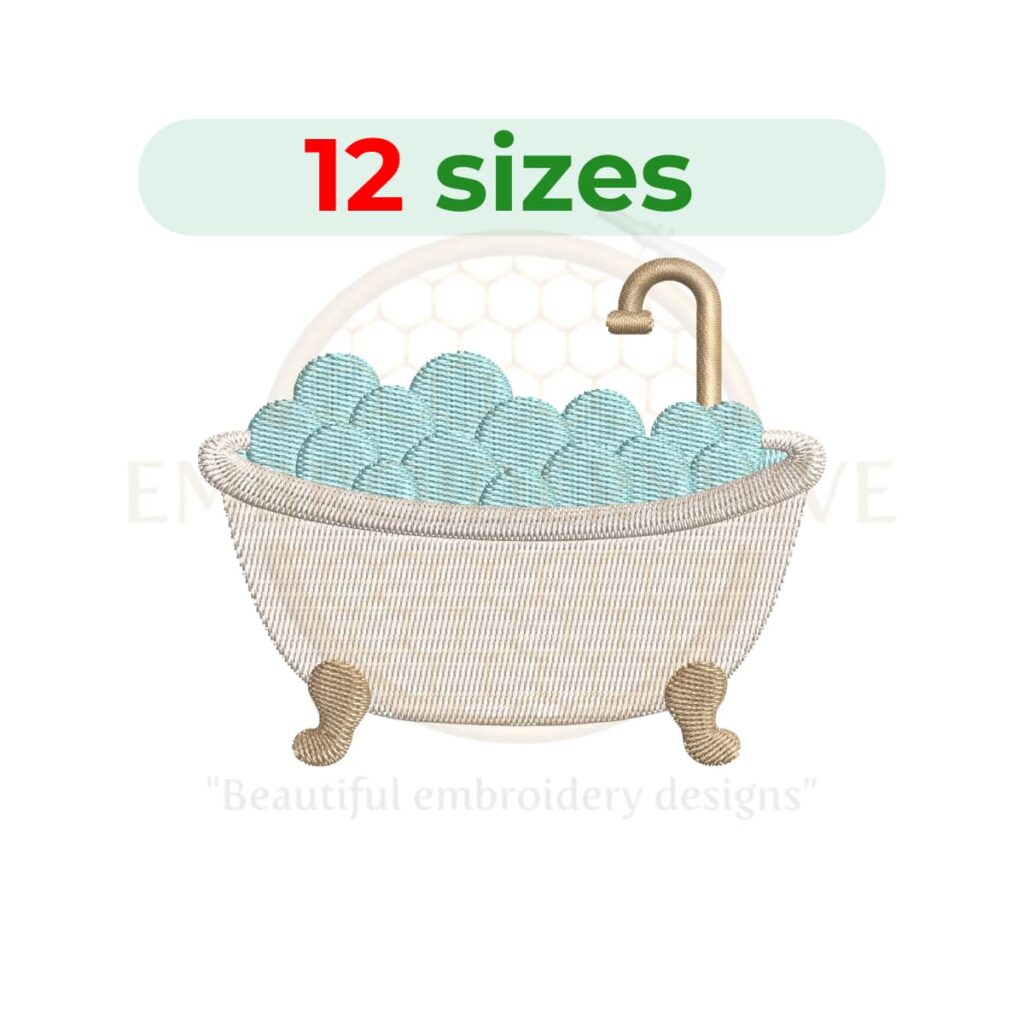 Bathtub embroidery design for machine embroidery featuring a classic bathroom tub illustration, available in multiple sizes as an instant digital download.