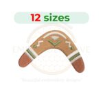 Boomerang embroidery design for machine embroidery featuring a classic curved boomerang shape, available in multiple sizes as an instant digital download.