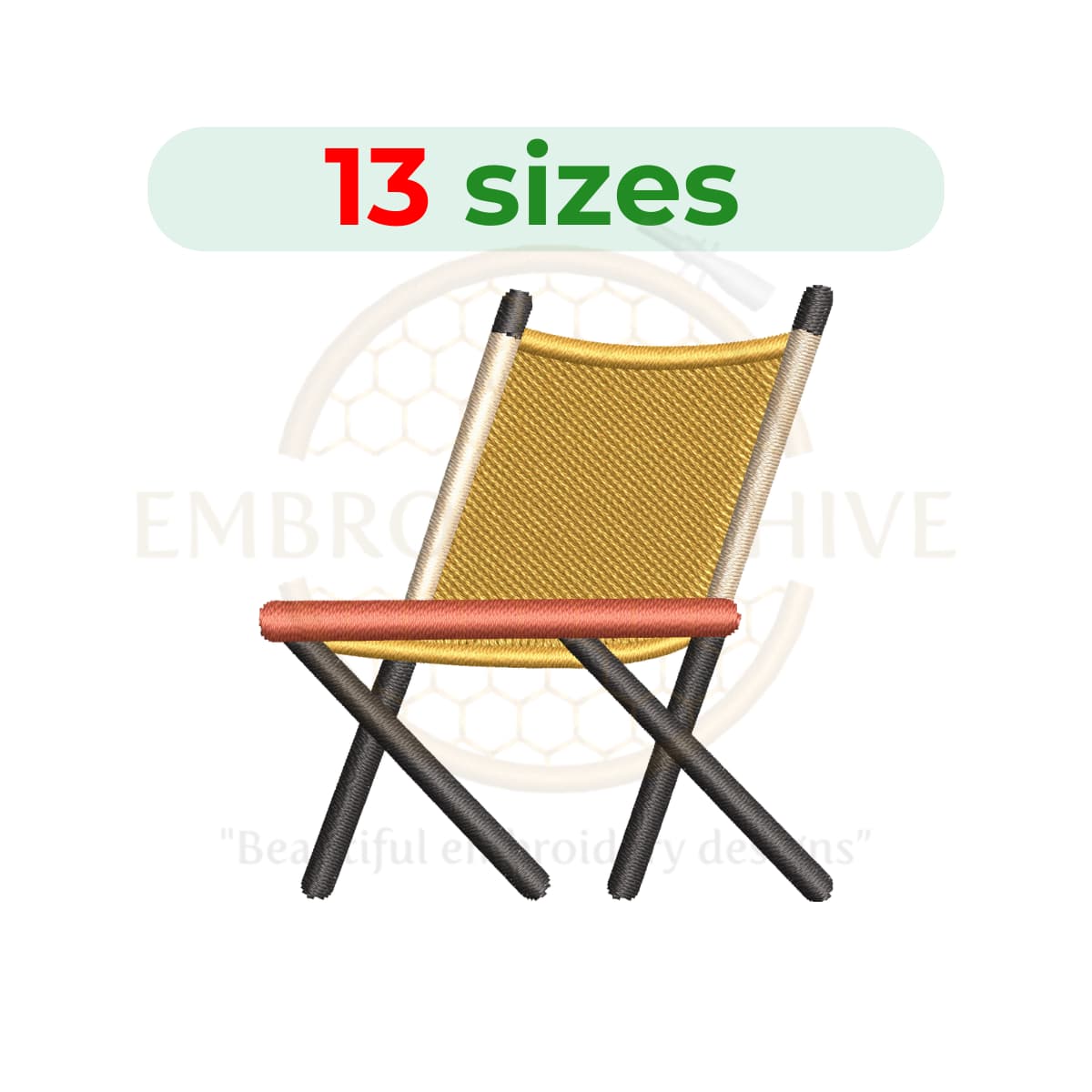 Camping chair embroidery design for machine embroidery featuring a foldable outdoor camping chair illustration, available in multiple sizes as an instant digital download.