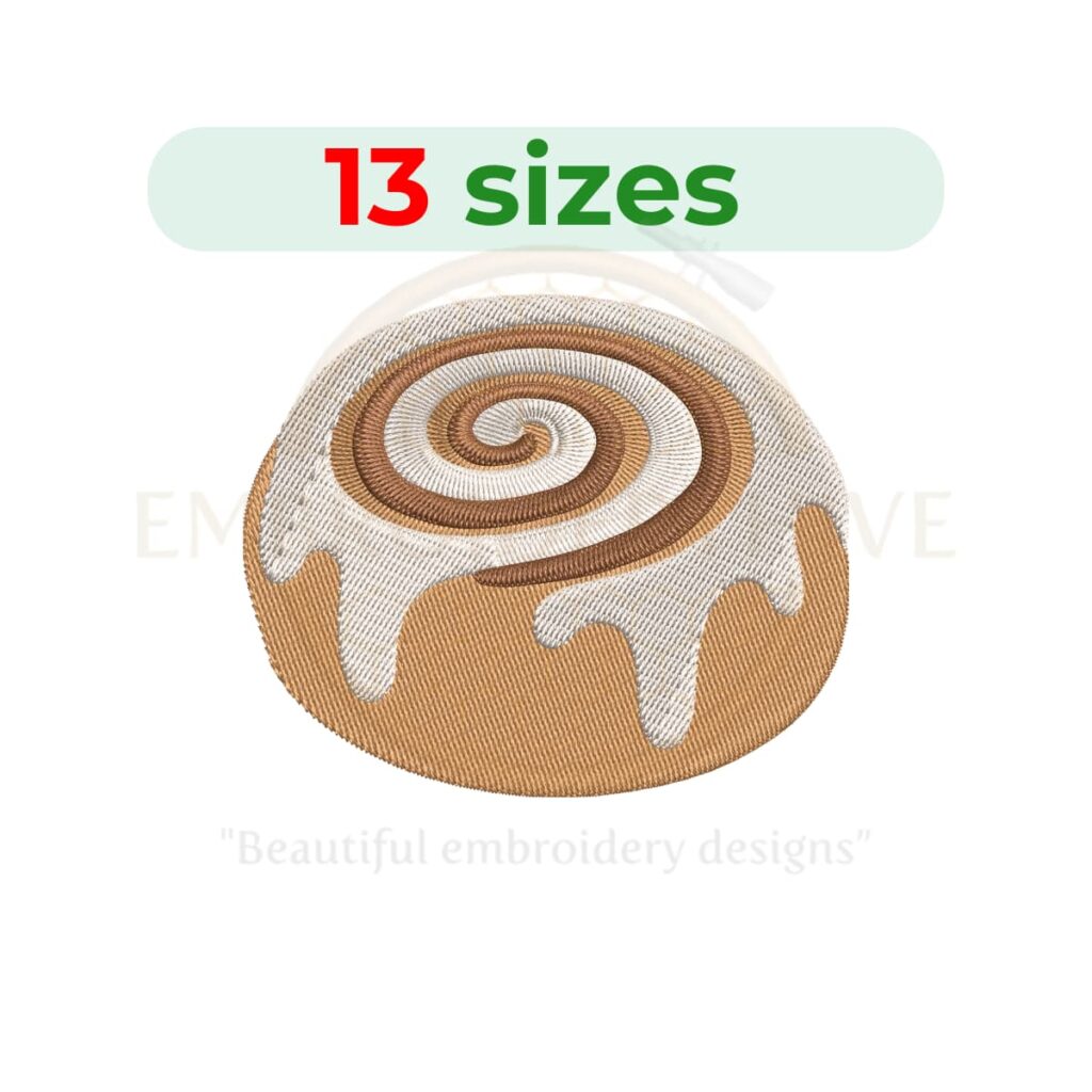 Cinnamon roll embroidery design for machine embroidery featuring a sweet swirled pastry pattern, available in multiple sizes as an instant digital download.