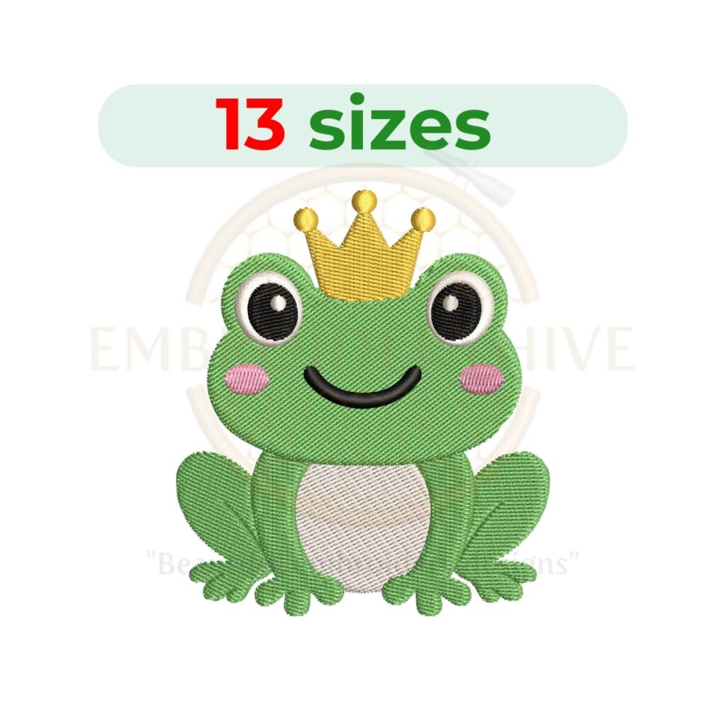 Cute girl frog embroidery design featuring an adorable frog character with girly details in a playful machine embroidery pattern.