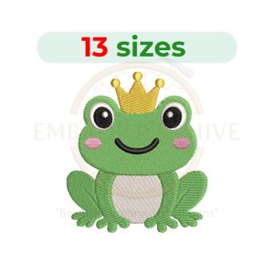 Cute girl frog embroidery design featuring an adorable frog character with girly details in a playful machine embroidery pattern.
