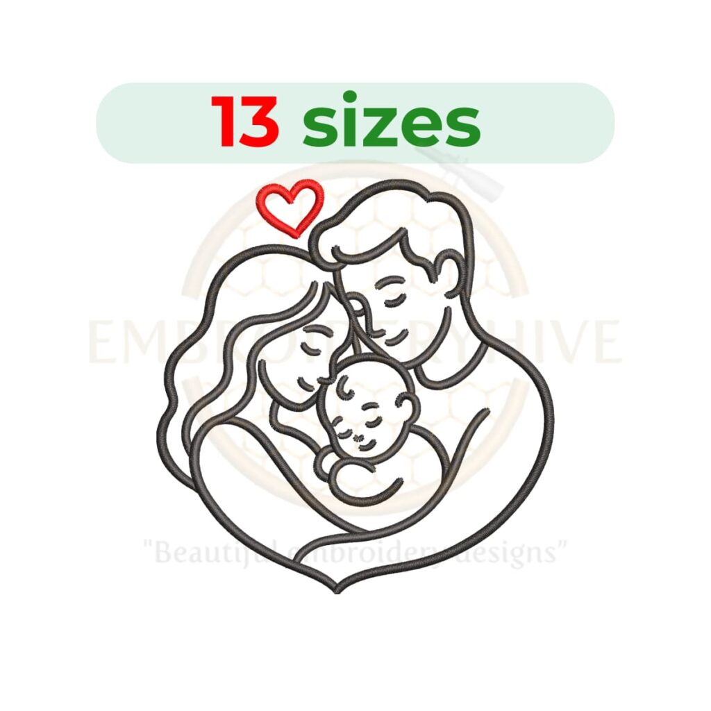Baby parent love embroidery design featuring a heartwarming parent and baby theme in a detailed machine embroidery pattern.