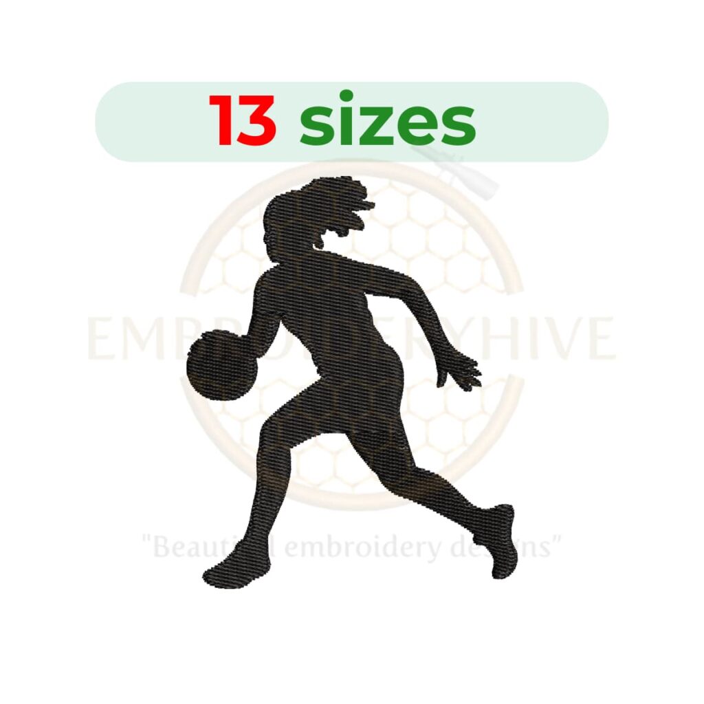 Female basketball player machine embroidery design in multiple sizes for embroidery machines, sports embroidery pattern instant download file.