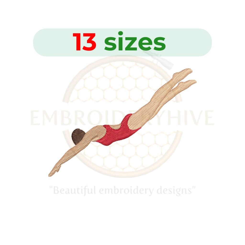 Female diver machine embroidery design in multiple sizes from 1.5 to 7.5 inches, perfect for ocean, swimming, scuba diving, and sports-themed embroidery projects.