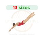Female diver machine embroidery design in multiple sizes from 1.5 to 7.5 inches, perfect for ocean, swimming, scuba diving, and sports-themed embroidery projects.