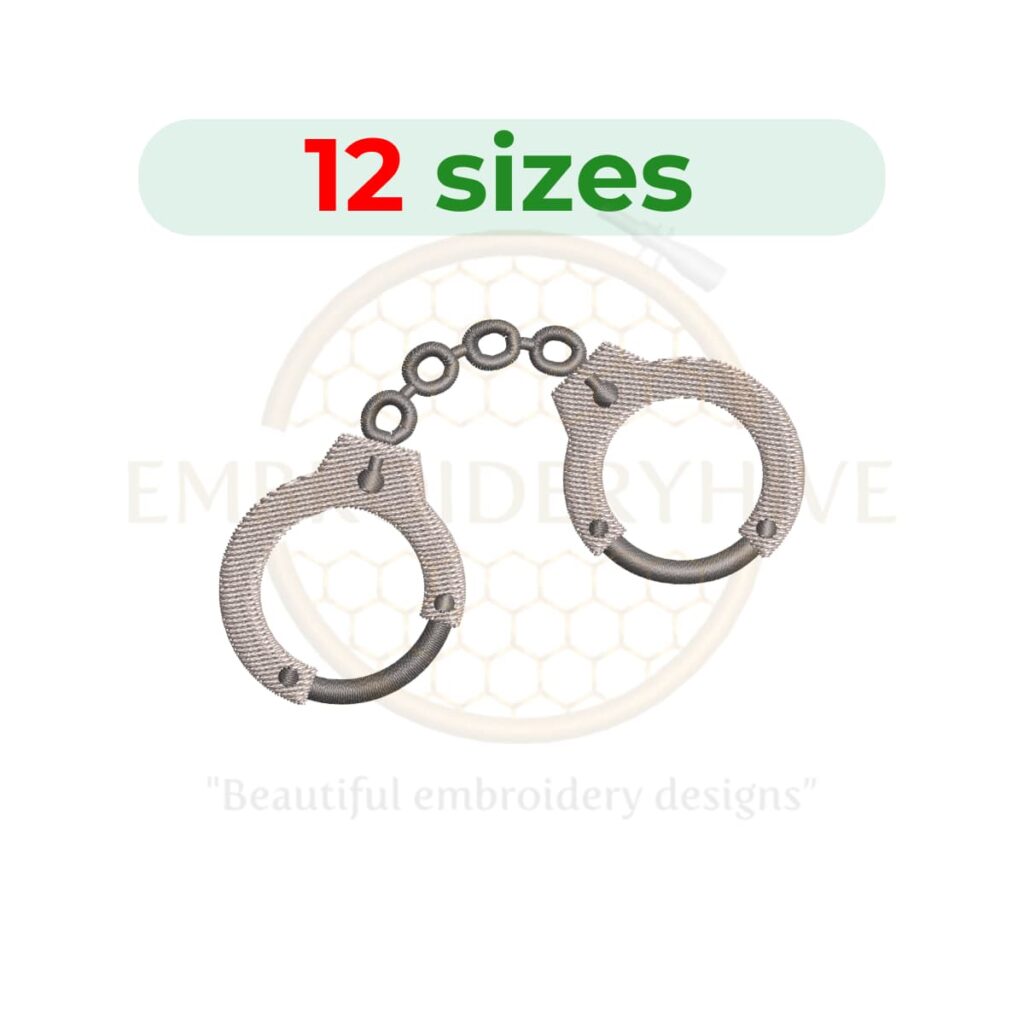 Handcuffs embroidery design featuring detailed linked metal cuffs in a machine embroidery pattern suitable for themed projects and accessories.
