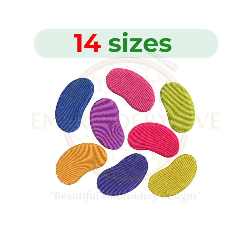 Colorful jelly beans embroidery design for machine embroidery featuring assorted candy bean shapes, available in multiple sizes for instant digital download.