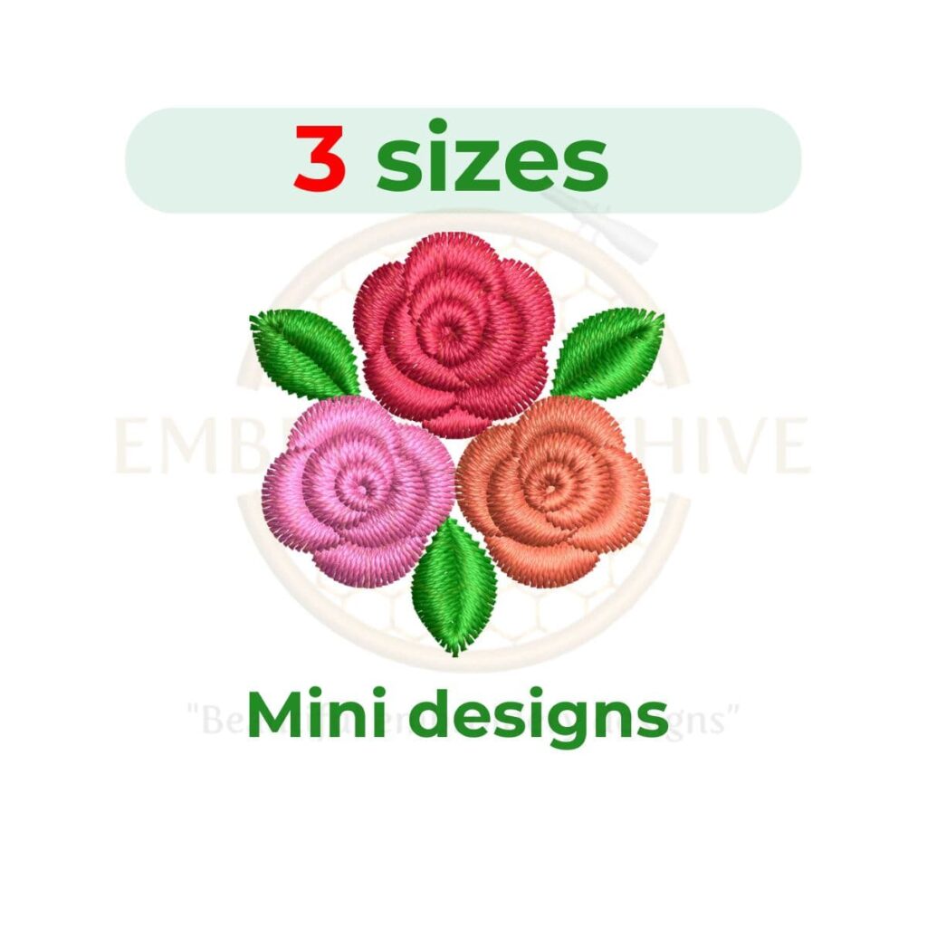 Mini rose cluster machine embroidery design featuring small floral roses in compact sizes from 1 to 2 inches, perfect for delicate embroidery projects and instant digital download.