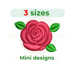 Mini rose with leaves machine embroidery design in small floral sizes from 1 to 2 inches, featuring a delicate rose bloom with leafy details for instant digital download.