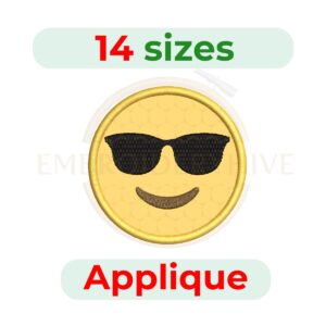 Smiley cool face applique embroidery design featuring a fun smiling face with sunglasses in a playful applique machine embroidery pattern.