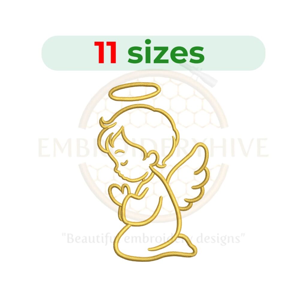 Praying angel embroidery design for machine embroidery featuring a graceful angel in prayer, available in multiple sizes as an instant digital download.