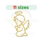 Praying angel embroidery design for machine embroidery featuring a graceful angel in prayer, available in multiple sizes as an instant digital download.