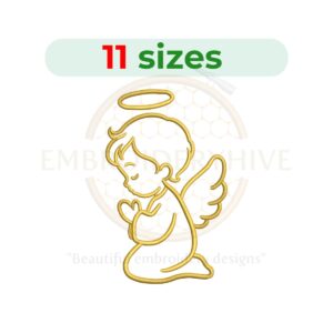 Praying angel embroidery design for machine embroidery featuring a graceful angel in prayer, available in multiple sizes as an instant digital download.