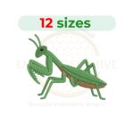 Praying mantis embroidery design for machine embroidery featuring a detailed insect illustration, available in multiple sizes as an instant digital download.
